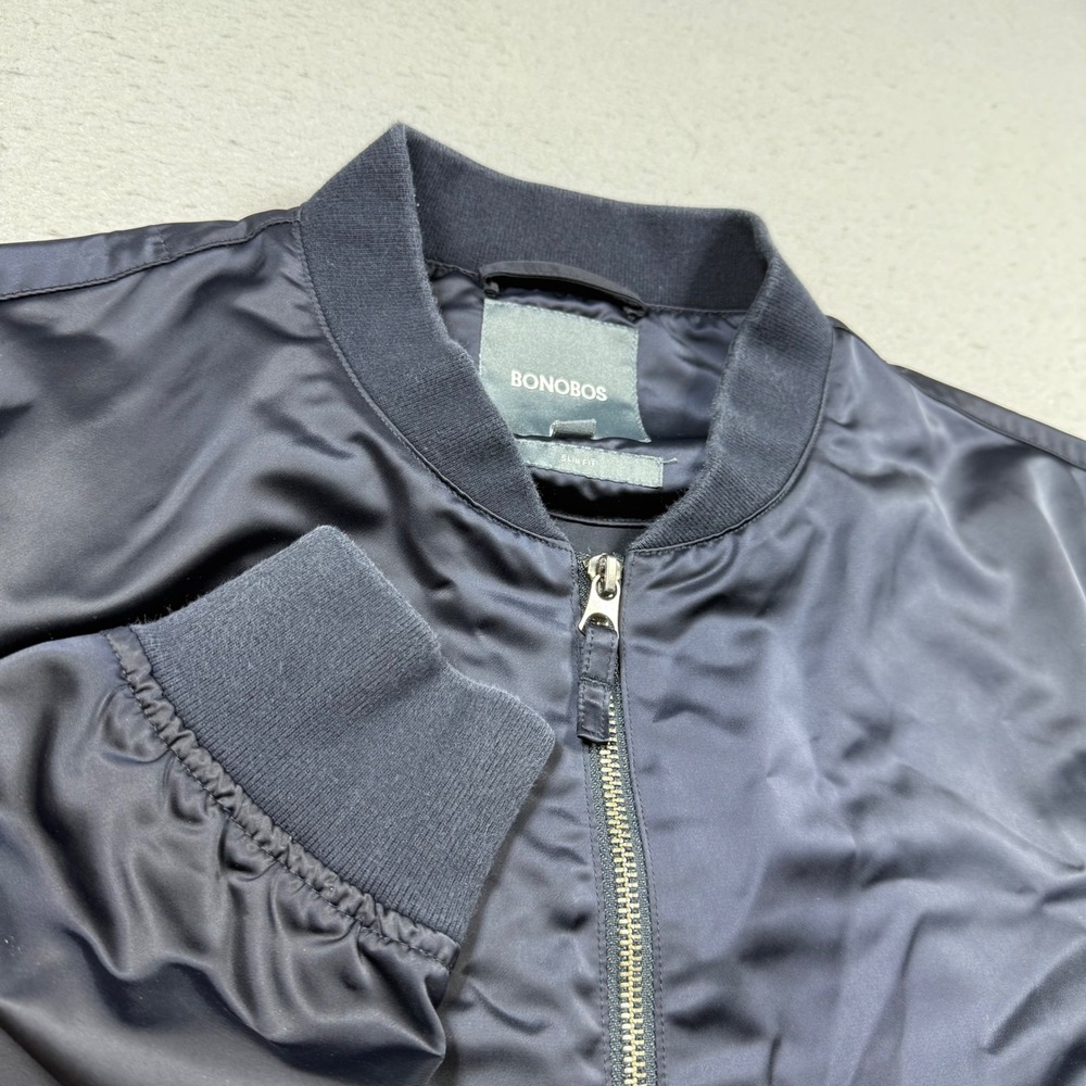 Bonobos Mens Slim Fit Bomber Jacket Navy Blue Lightweight Full Zip Satin Shell L